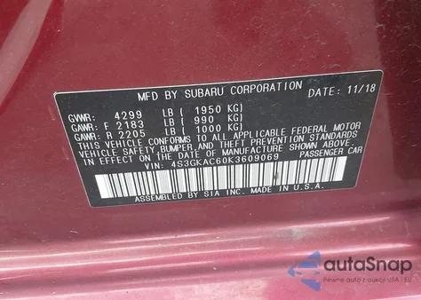 2019 Subaru Impreza 2.0I Premium z USA, uszkodzony, nr VIN 4S3GKAC60K3609069